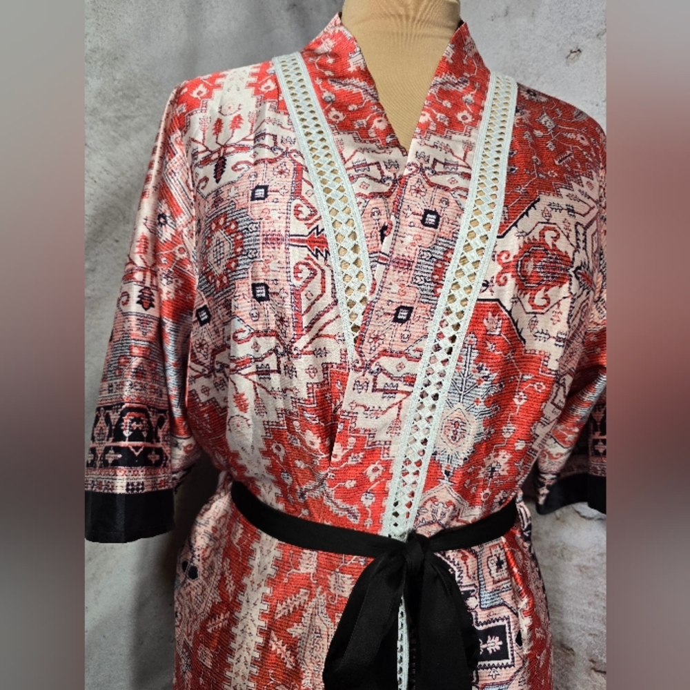 Orange Cream Coral Black Satin Feel Robe Kimono Cover-Up S / M - Picture 2 of 7